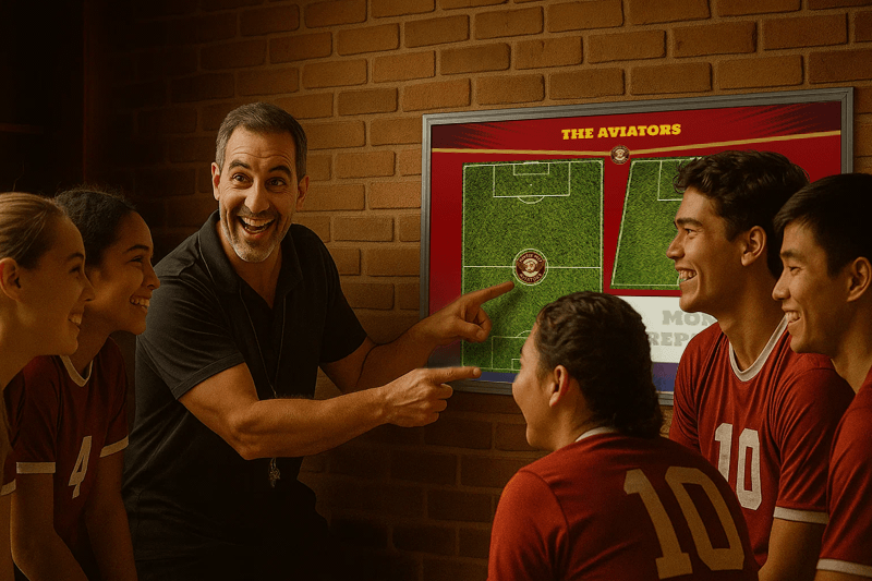 A soccer coach points at a custom whiteboard with a soccer field diagram, surrounded by smiling players.