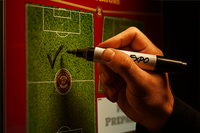 Hand holding an Expo marker, drawing a checkmark on a soccer field whiteboard with a team logo.
