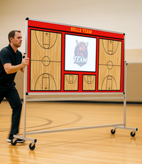 Thumbnail for Basketball coach demonstrating the easy portability of a large rolling strategy board on a basketball court.