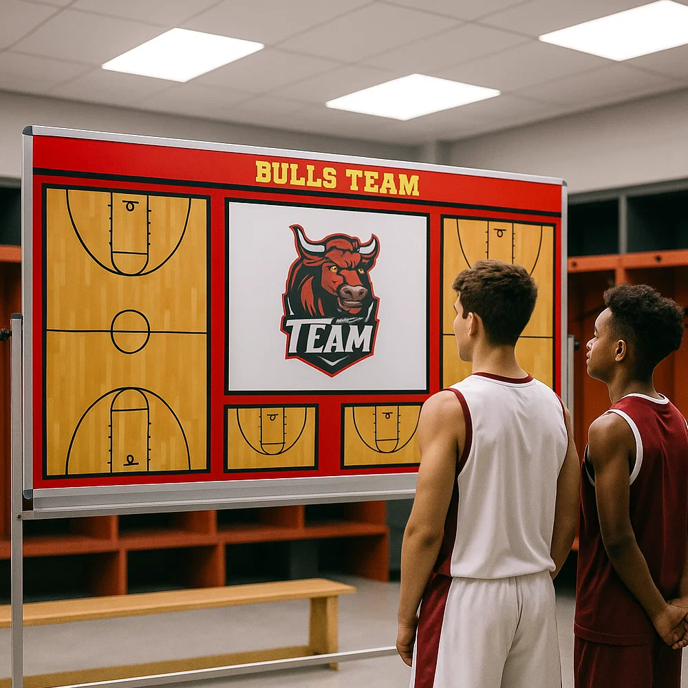 Basketball players reviewing a game plan together on a custom whiteboard featuring their team logo in a locker room setting.