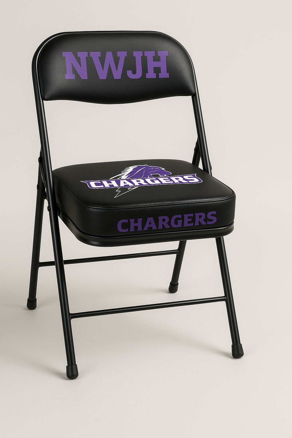 sideline chair with purple logo and black padded seat