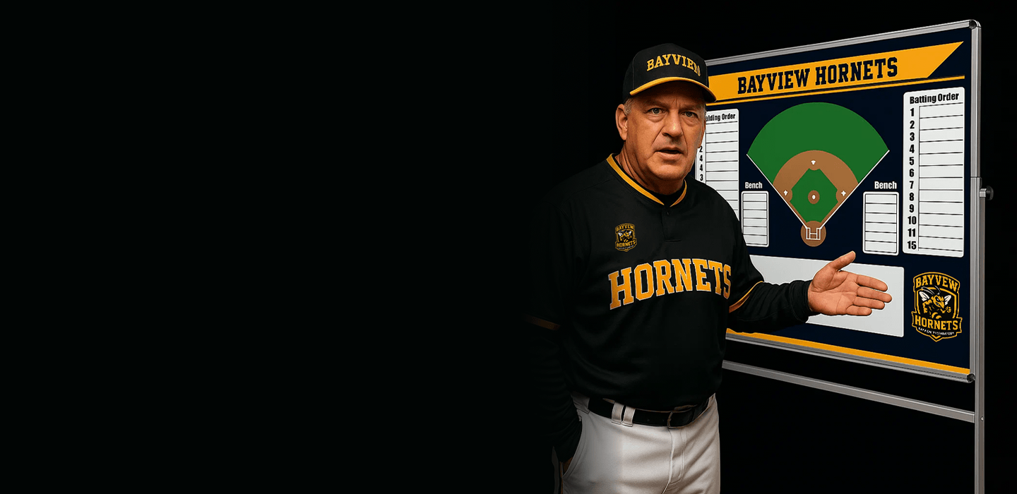 A focused Hockey coach stands pointing to a play diagram on a large, custom-branded dry-erase strategy board.