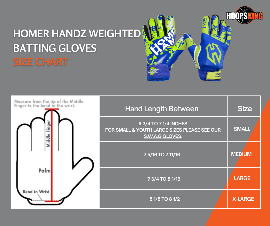 Homer Handz weighted batting gloves with size options displayed, perfect for youth and adult players.