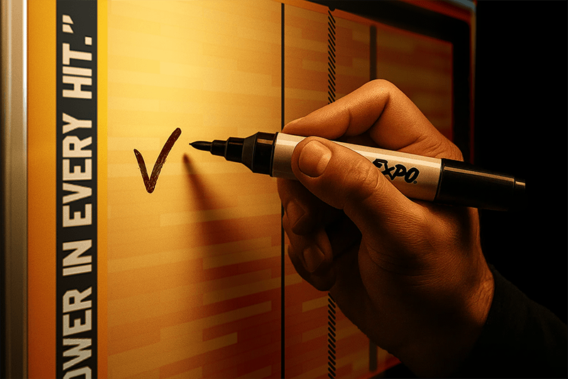 A coach's hand uses a black dry-erase marker to diagram a play on a custom basketball clipboard. The board features a detailed court, the team name 