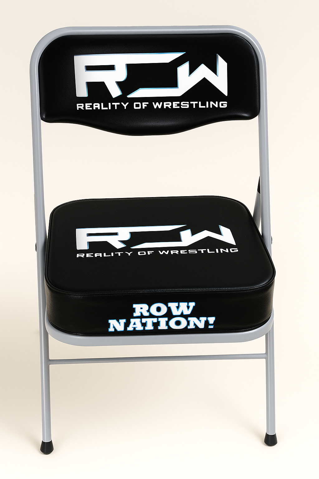wrestling folding chair featuring black seat with white and blue branding