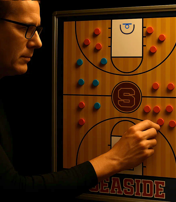 Coach planning a play on a custom magnetic basketball coaching board, moving markers on a court diagram next to a personalized team logo.