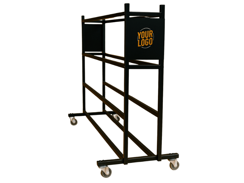 Black metal ball rack on wheels with "YOUR LOGO" placeholder on a top panel.