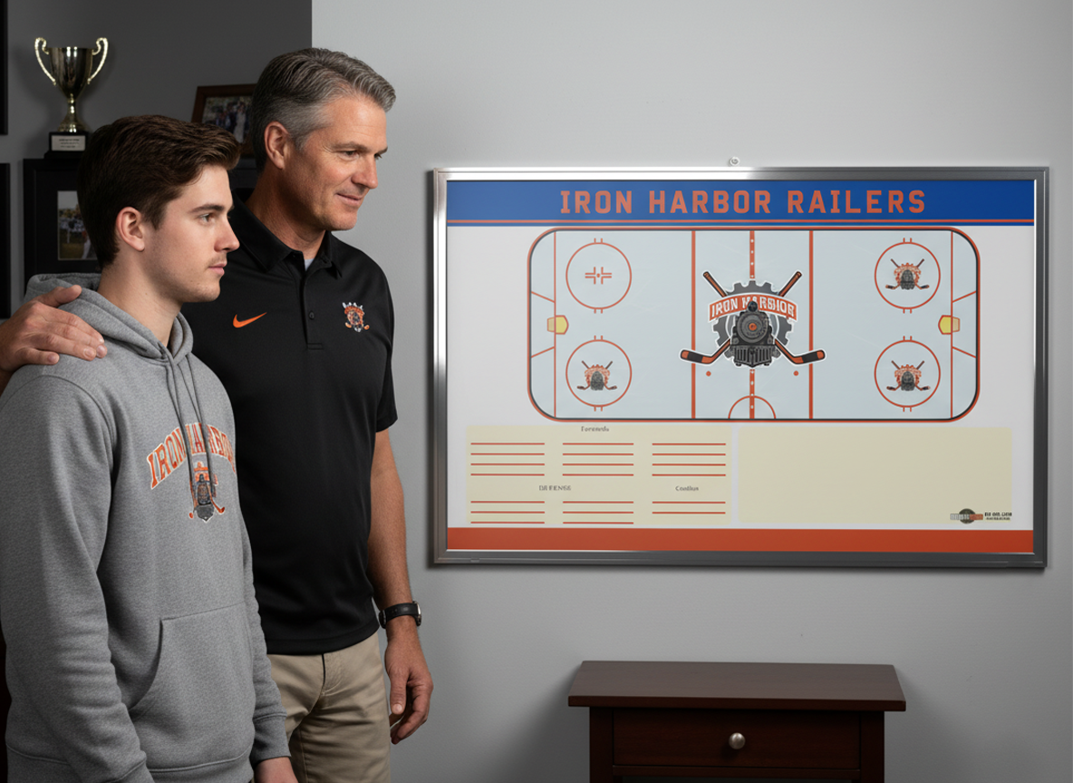 A veteran hockey coach with his hand on a young player's shoulder, both looking thoughtfully at an “Iron Harbor Railers” branded whiteboard in a coach's office.
32.8s