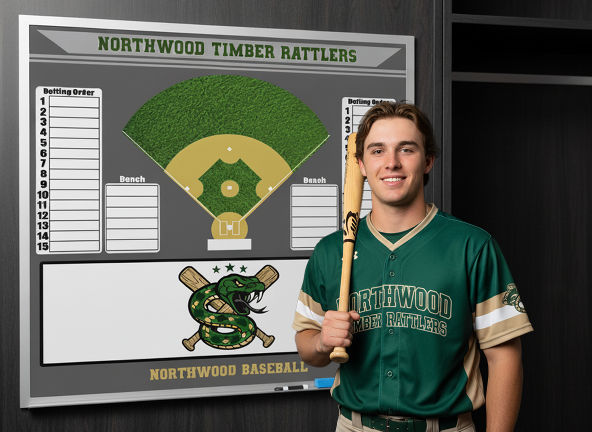 A female college lacrosse player in full uniform poses confidently for a media day photo, standing in front of her team's large, custom-branded 'Northgate Titans' magnetic whiteboard in the locker room.