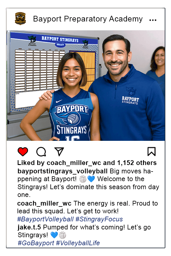 An Instagram post from Everride High School showing a proud football coach with his arm around a new student athlete. In the background is a custom Hockey team strategy board.