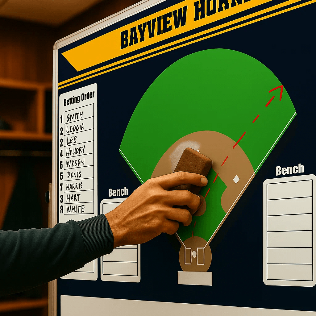 Close-up of a hand using a felt eraser to wipe a red dry-erase Hockey play diagram from a coaching whiteboard.