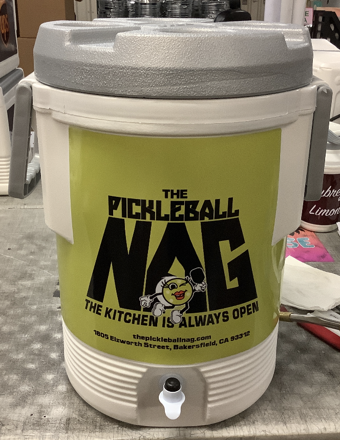 Personalized 5-gallon cooler featuring a custom design for sports teams or events.