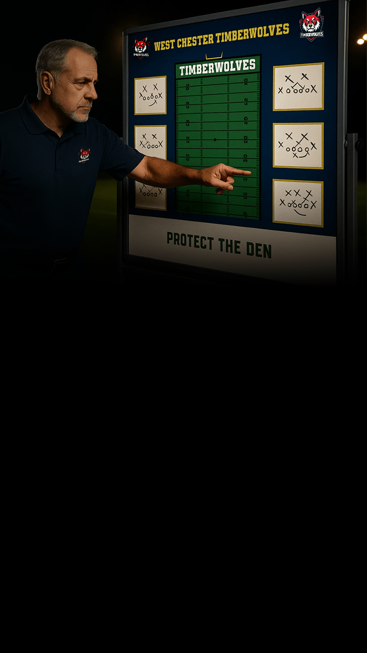 A focused football coach stands on a field at night, pointing to a play diagram on a large, custom-branded West Chester Timberwolves dry-erase strategy board.