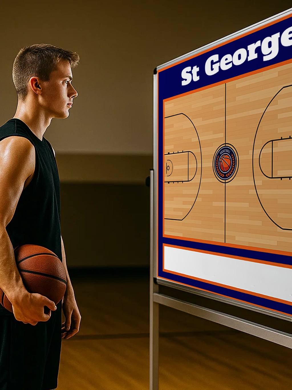 A focused male athlete holding a basketball while analyzing plays on a custom team strategy board in a gym.