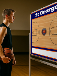 Thumbnail for A focused male athlete holding a basketball while analyzing plays on a custom team strategy board in a gym.
