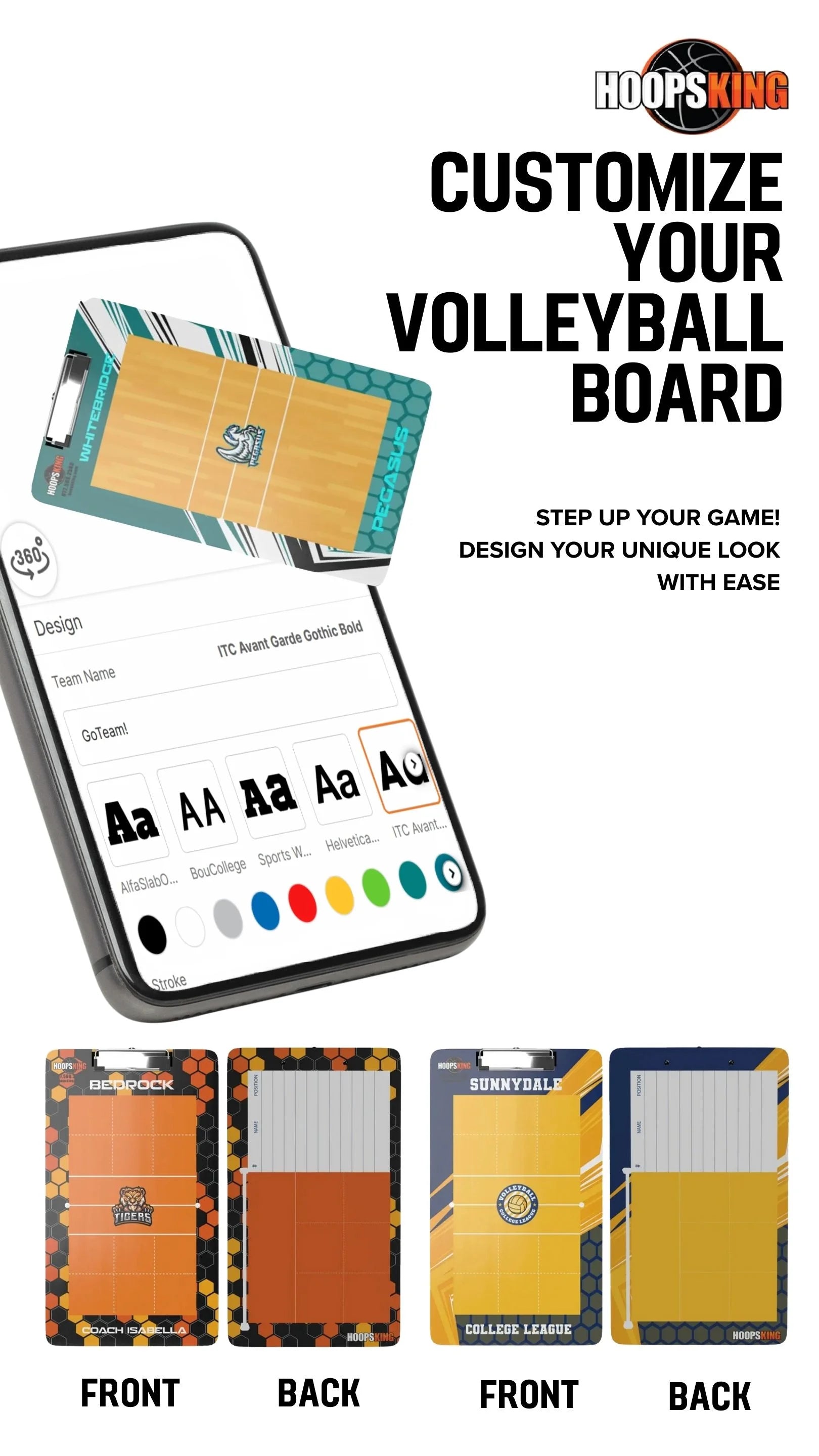 Customize the design of your volleyball dry erase board clipboard whiteboard with team logo, colors, and text options