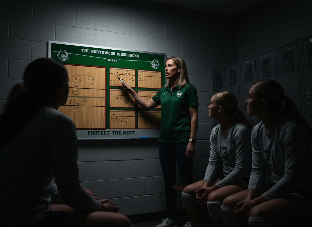 A female volleyball coach instructing her team in a locker room using a large, custom-branded wall-mounted whiteboard filled with strategic plays.