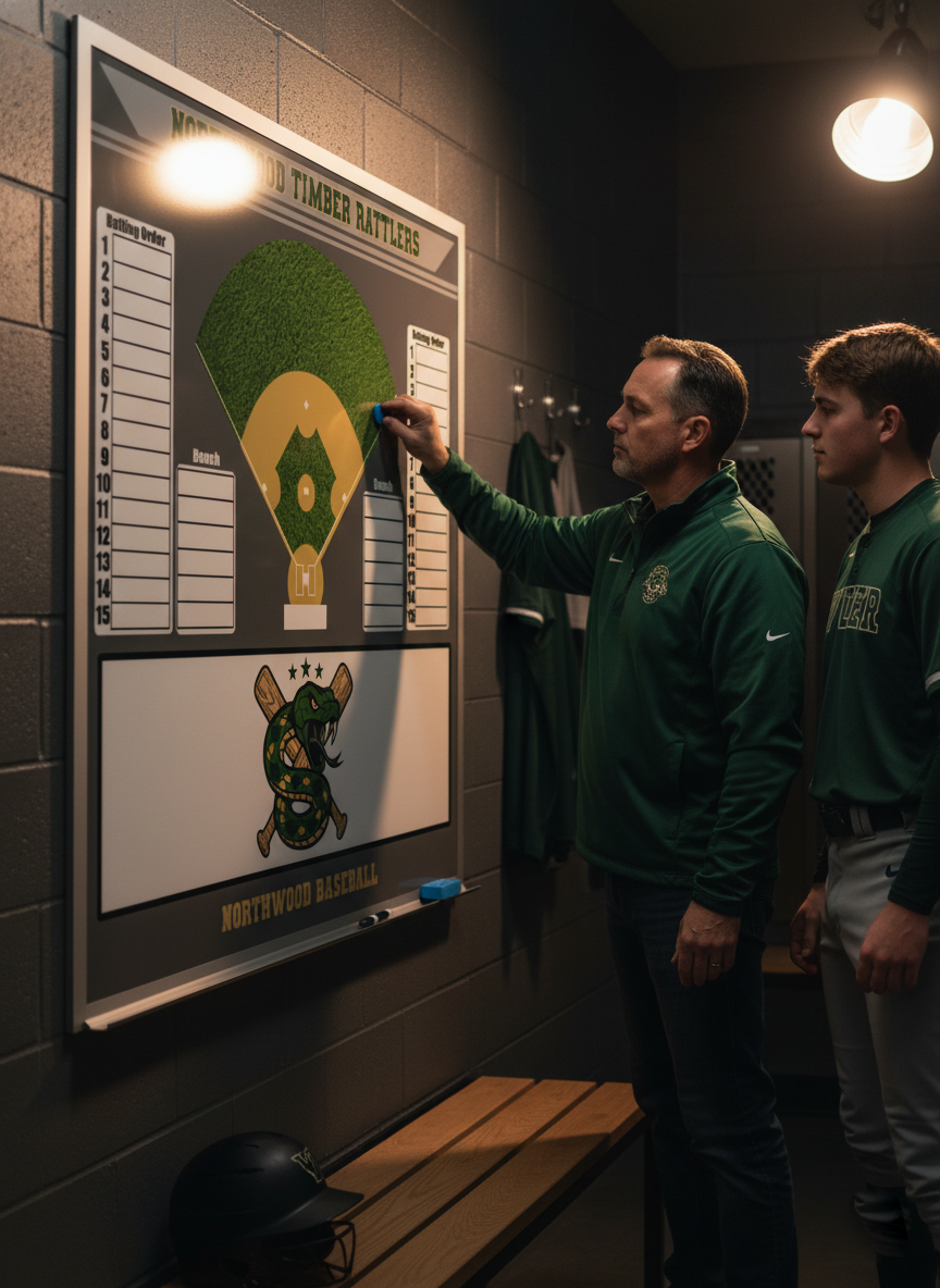 Baseball coach and player reviewing lineup on a 4x4 foot Northwood Timber Rattlers custom magnetic whiteboard in a modern locker room, showcasing team logo and colors.