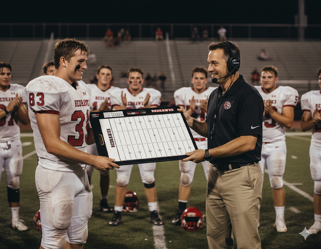 Football player and coach holding a custom football coaching board on a field at night.