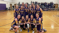 Thumbnail for Girls basketball team in purple and gold Bears custom arm sleeves holding a trophy