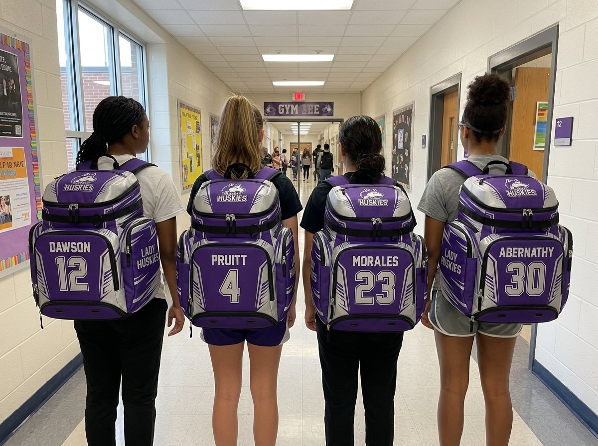 Girls basketball team walking to the gym wearing purple custom basketball backpacks with names and numbers