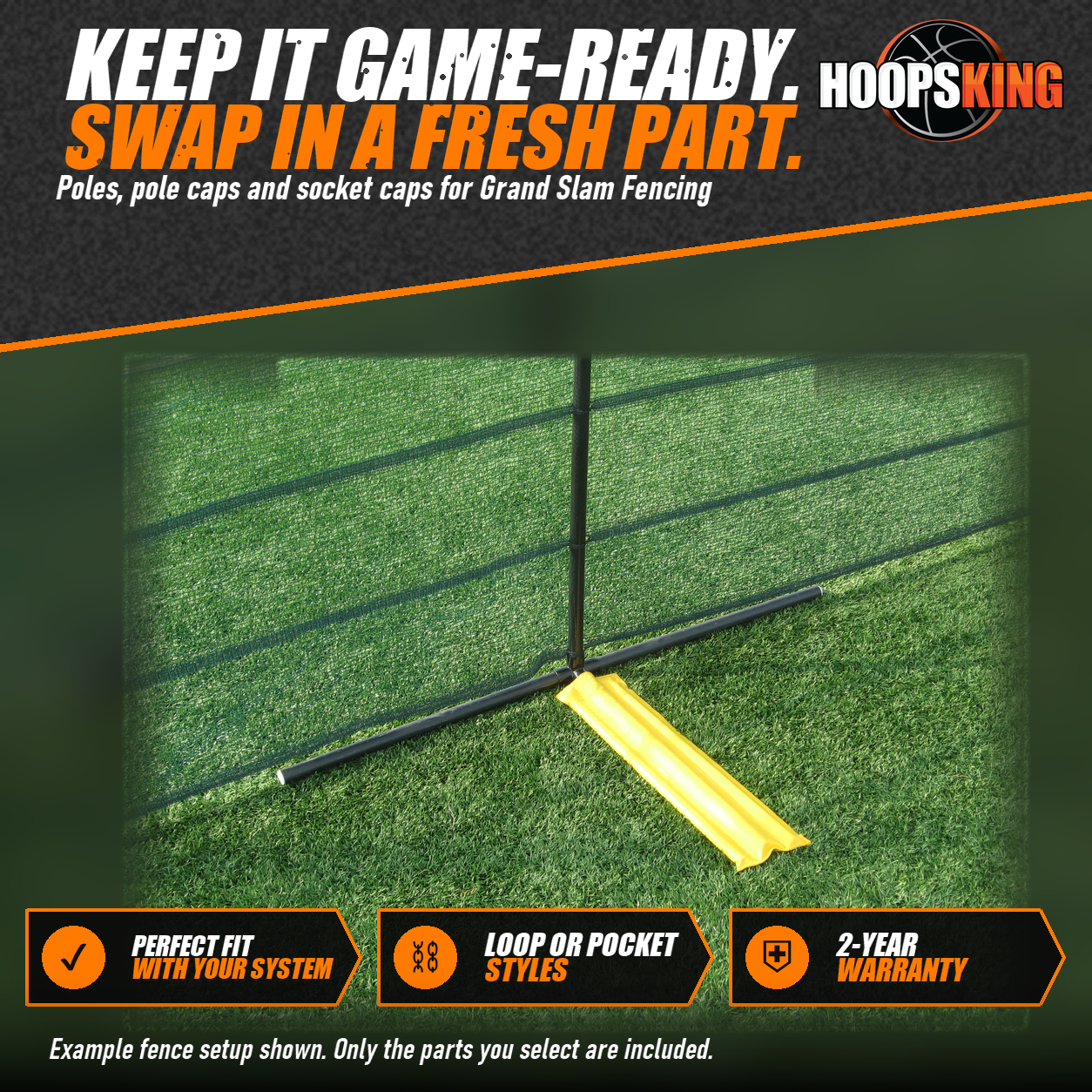 Black Grand Slam Fencing pole with green mesh fence attached, set on a T-shaped base held down by a yellow weight bag on turf