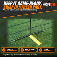Thumbnail for Black Grand Slam Fencing pole with green mesh fence attached, set on a T-shaped base held down by a yellow weight bag on turf
