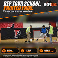 Thumbnail for Black gym barrier pads printed with a large red and white P logo standing on a hardwood floor during soccer play