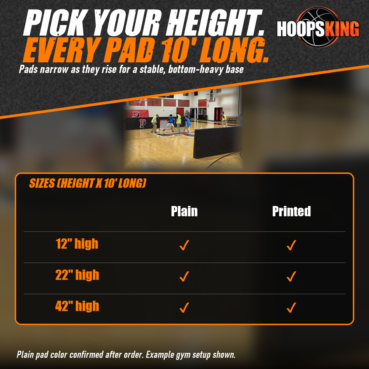 Size chart for gym barrier pads in 12, 22 and 42 inch heights, plain or printed, below black divider pads set up across a school gym