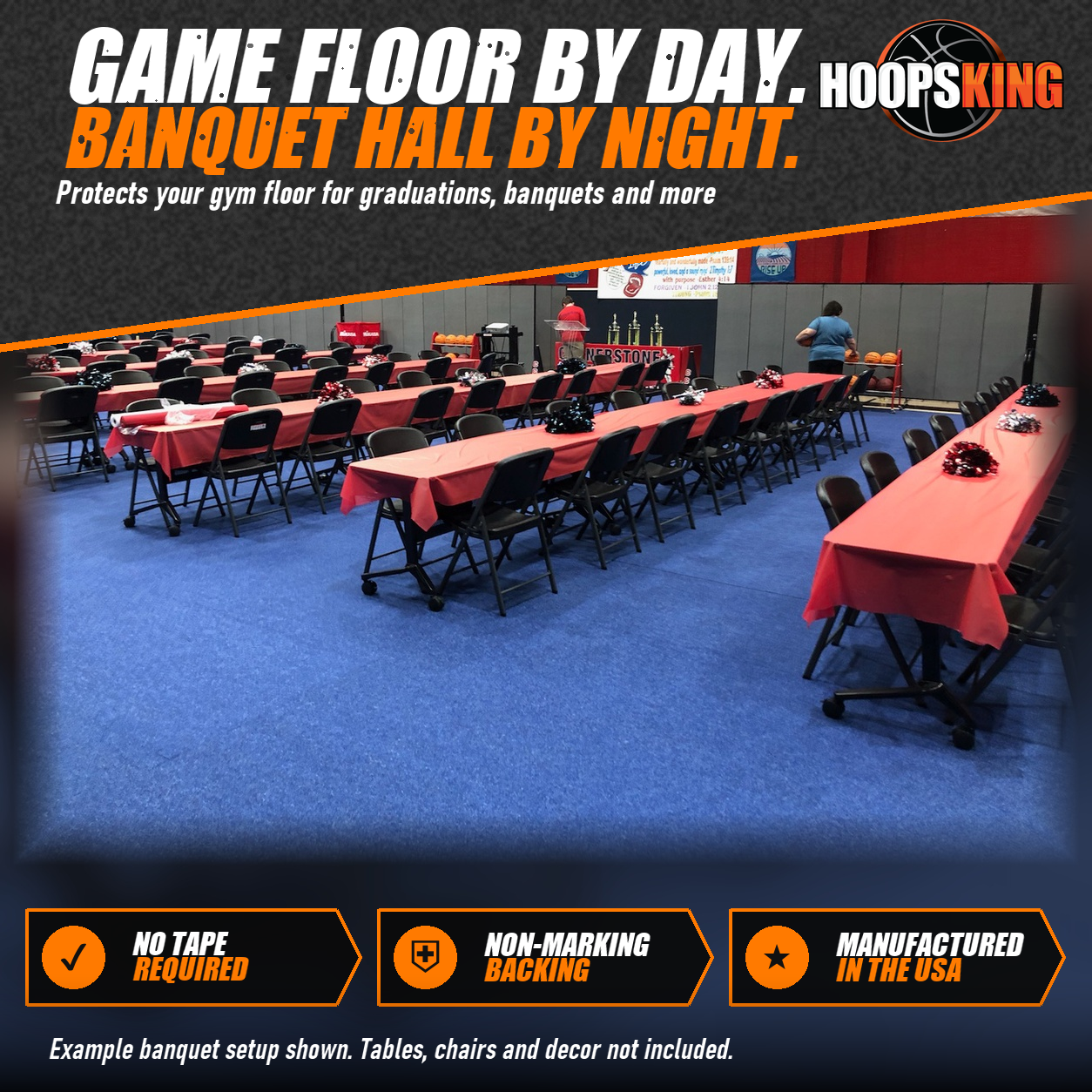 Blue GymGuard carpet tiles covering a gym floor set with long red banquet tables and black chairs