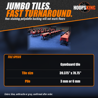 Thumbnail for Tile size and pile spec chart below blue carpet tiles covering a gym floor set for a banquet