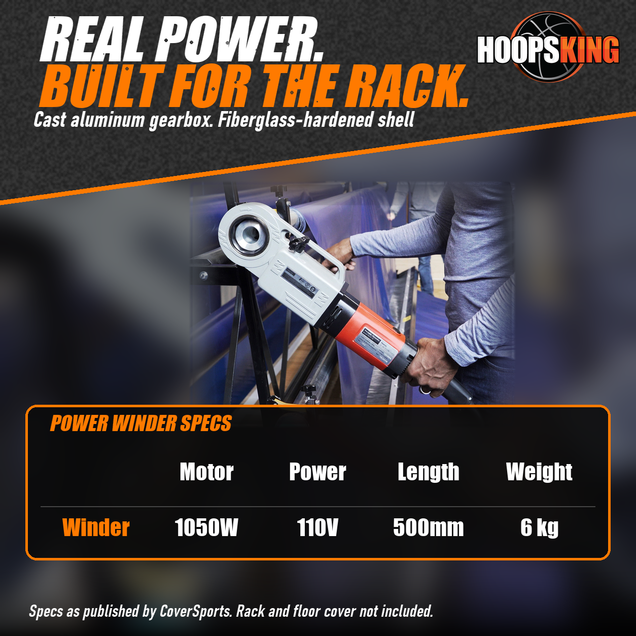Specs chart for the GymGuard Power Winder above the gray and orange winder attached to a gym floor cover storage rack