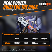 Thumbnail for Specs chart for the GymGuard Power Winder above the gray and orange winder attached to a gym floor cover storage rack