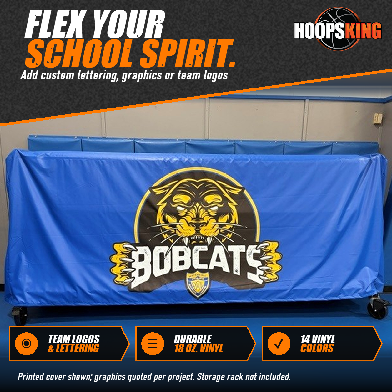 Royal blue GymGuard rack cover printed with a gold and black Bobcats mascot logo fitted over a mobile storage rack