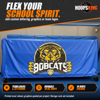 Thumbnail for Royal blue GymGuard rack cover printed with a gold and black Bobcats mascot logo fitted over a mobile storage rack