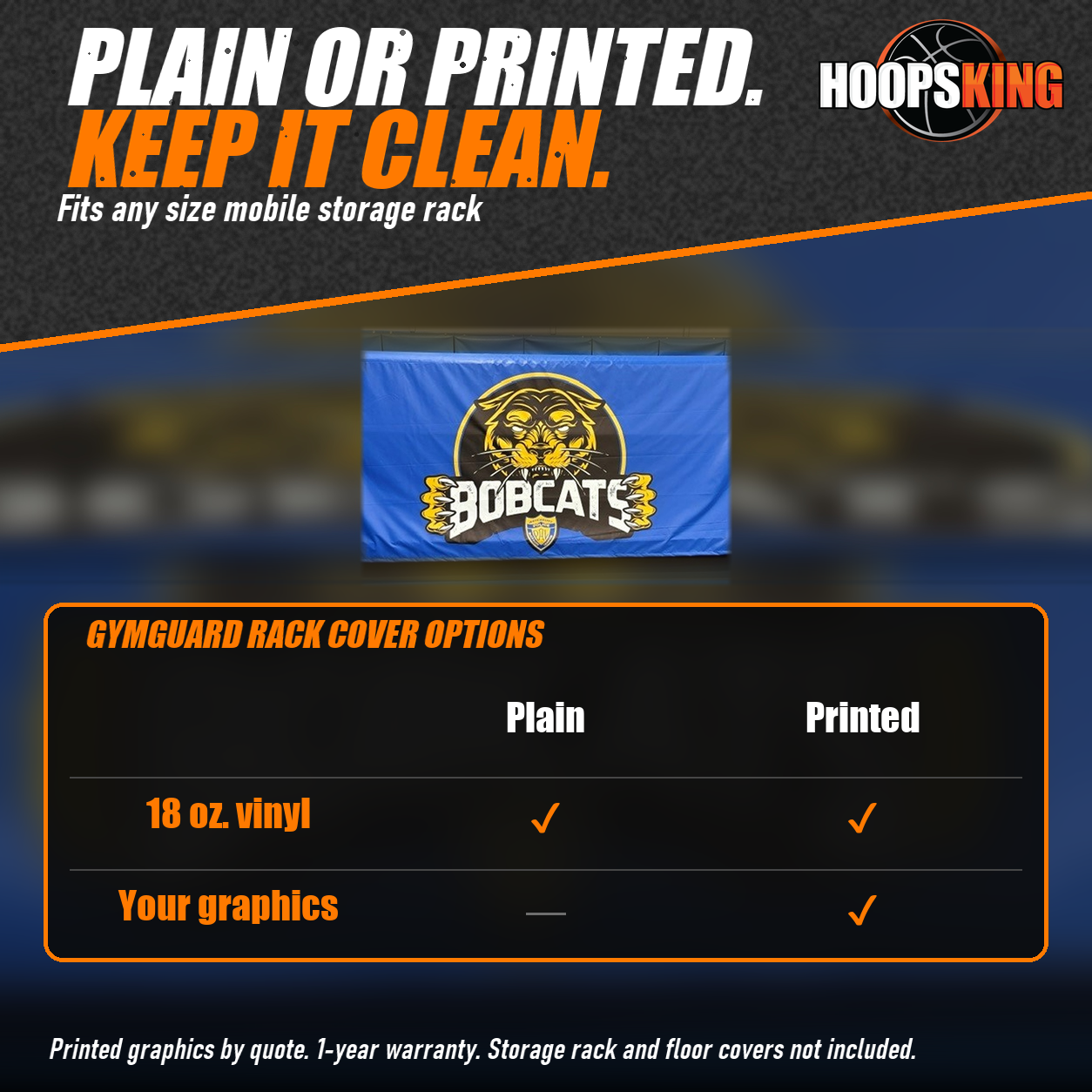 Chart of plain and printed GymGuard rack cover options below a close view of a blue rack cover printed with a Bobcats logo