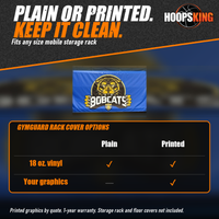 Thumbnail for Chart of plain and printed GymGuard rack cover options below a close view of a blue rack cover printed with a Bobcats logo