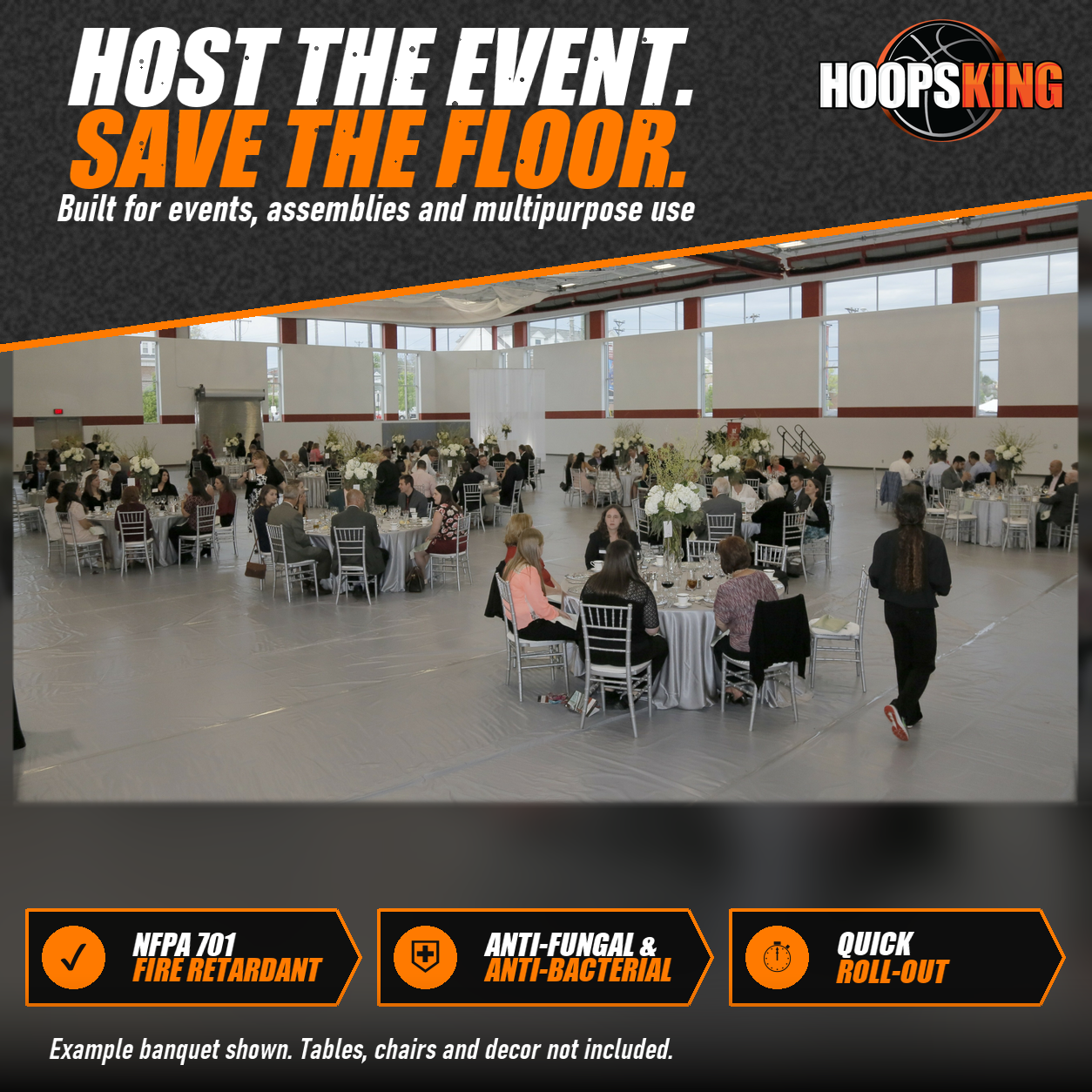 Gray gym floor cover protecting a gymnasium floor under banquet tables with white flower centerpieces and seated guests
