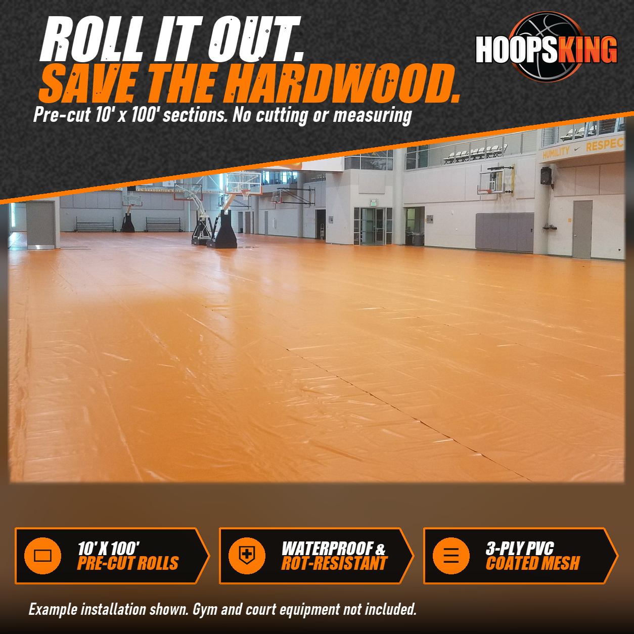 Orange vinyl gym floor cover sections laid across a basketball practice facility floor under a large Tennessee mural