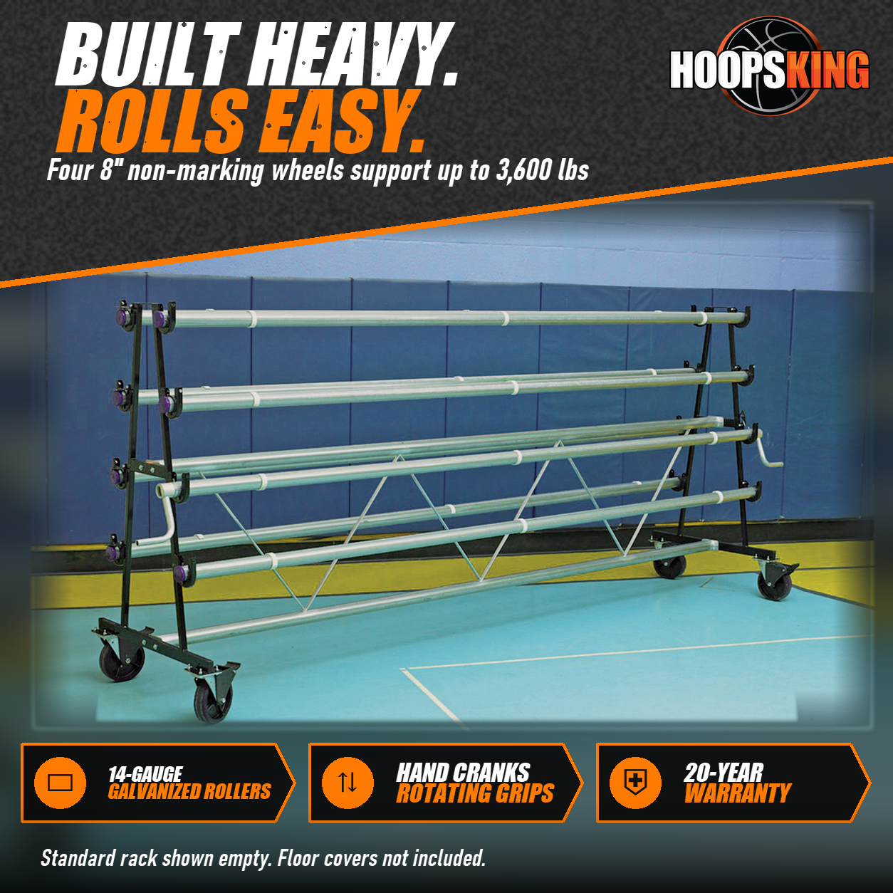 Empty standard gym floor cover storage rack with eight galvanized steel rollers on locking wheels in a gym