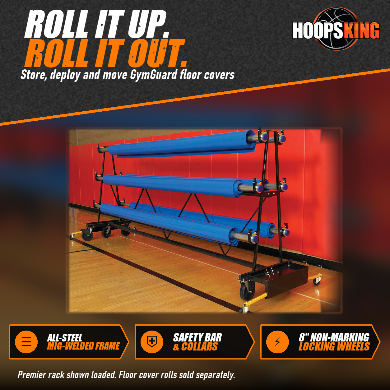 Mobile steel storage rack holding blue gym floor cover rolls on six rollers in front of red gym wall pads