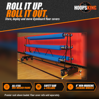 Thumbnail for Mobile steel storage rack holding blue gym floor cover rolls on six rollers in front of red gym wall pads