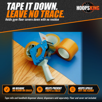 Thumbnail for Three rolls of clear GymGuard tape and a blue handheld tape dispenser on a blue gym floor cover over hardwood