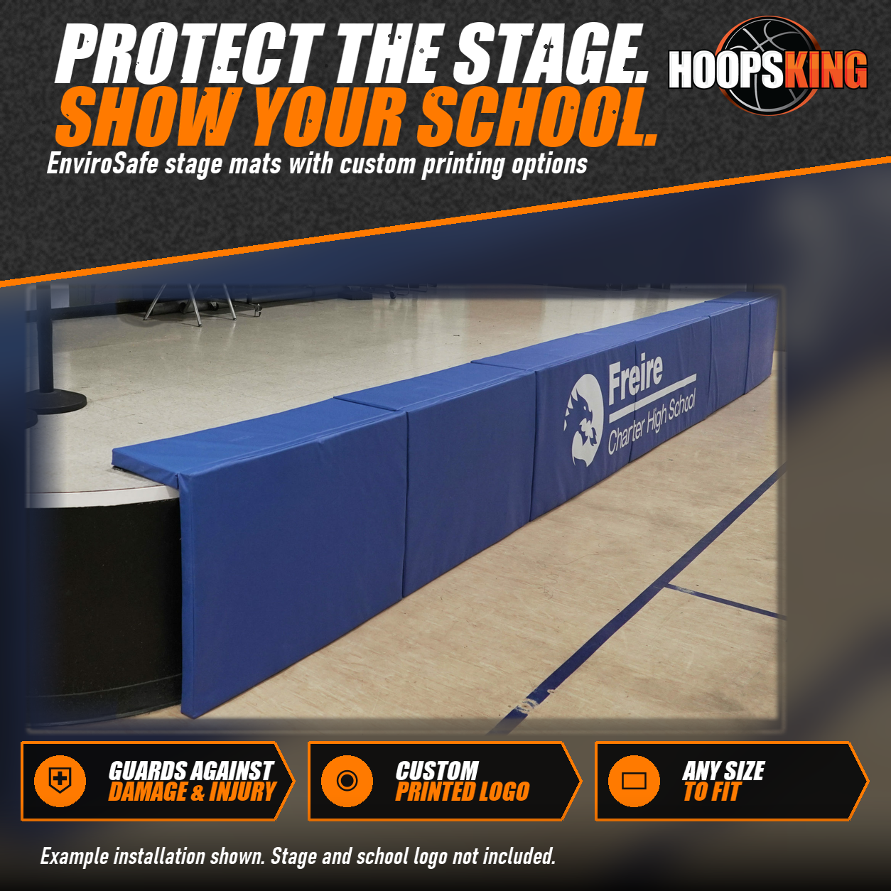 Blue stage padding printed with the Freire Charter High School logo wrapped along the edge of a gym stage