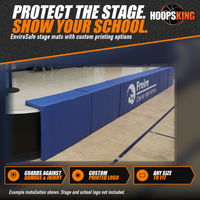 Thumbnail for Blue stage padding printed with the Freire Charter High School logo wrapped along the edge of a gym stage