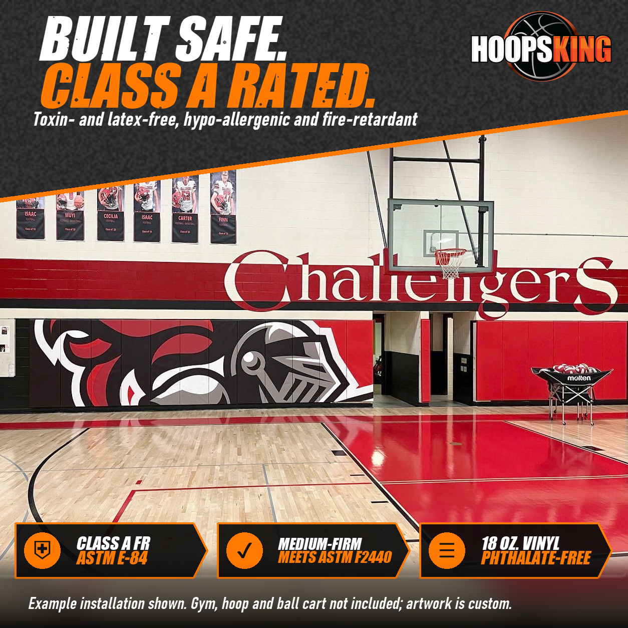 Black and red gym wall pads printed with a large knight helmet graphic beside plain red wall pads in a school gymnasium