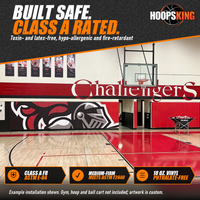 Thumbnail for Black and red gym wall pads printed with a large knight helmet graphic beside plain red wall pads in a school gymnasium