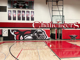 Custom printed gym wall padding mounted along a gymnasium wall to protect athletes