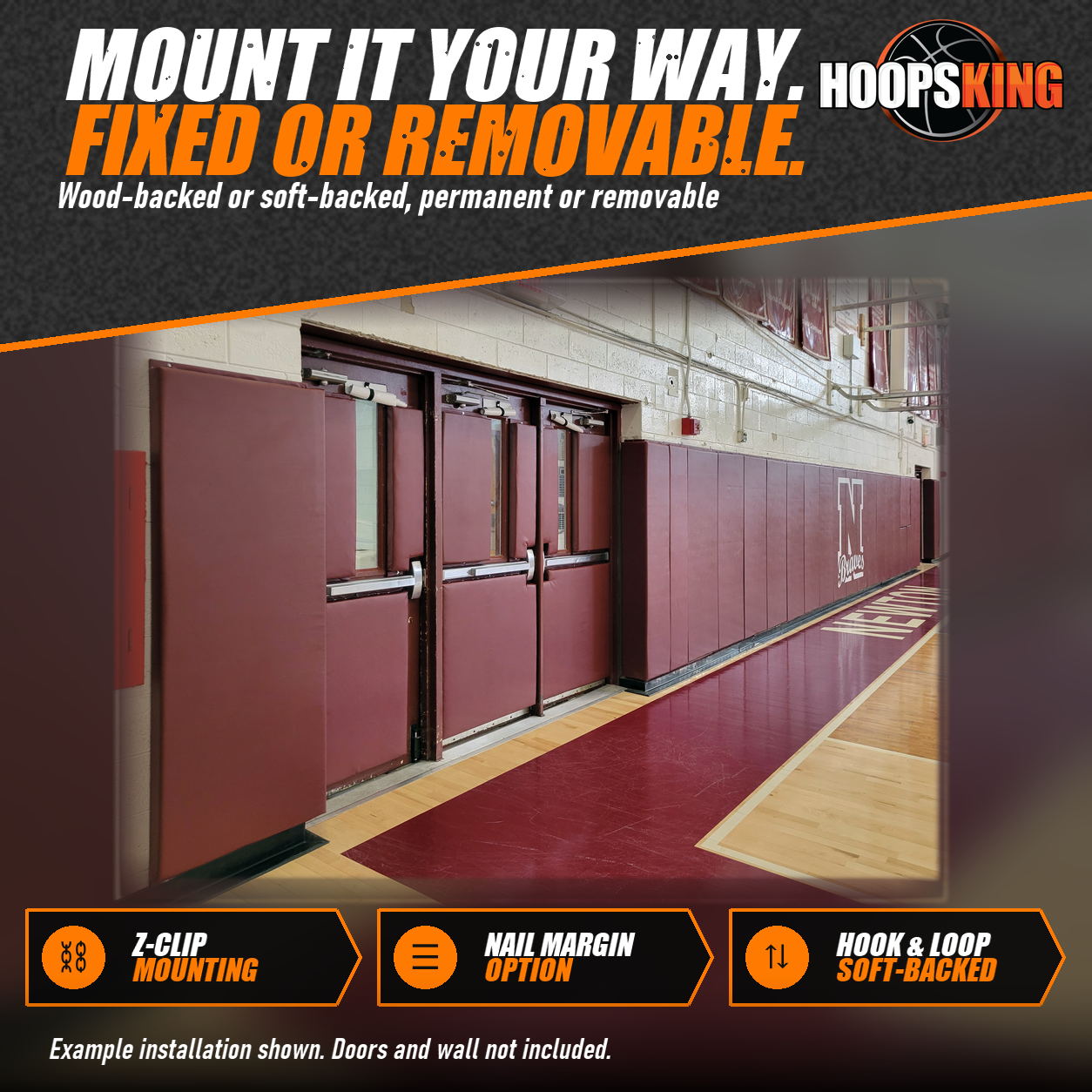 Maroon padding covering gym doors and a long wall section printed with a white N Braves logo above a maroon floor border