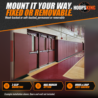 Thumbnail for Maroon padding covering gym doors and a long wall section printed with a white N Braves logo above a maroon floor border